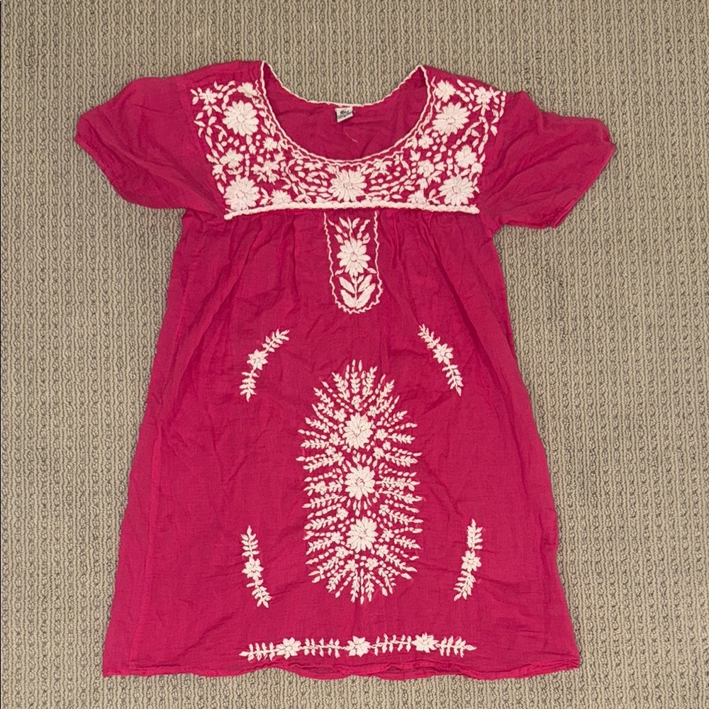 RAZ Oaxacan Mexican Artisan Embroidered Floral Cotton Dress (PINK/WHITE) (S)